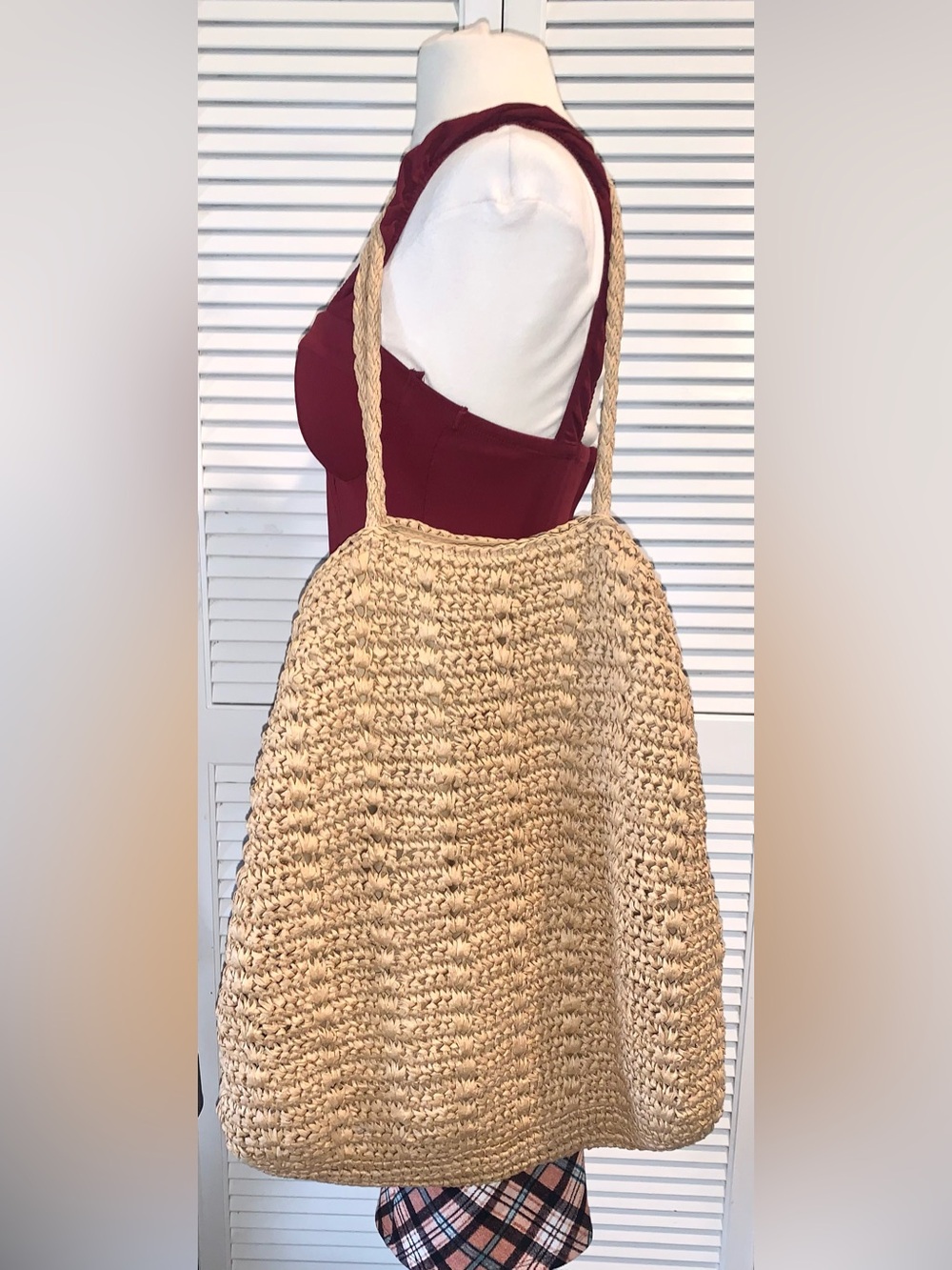 Boho Slouchy extra large Woven Straw beach bag tote tan - Picture 3 of 11